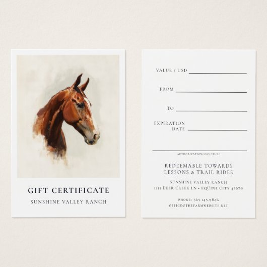 Horse Riding Lessons Gift Certificate Template (正面&裏面)
