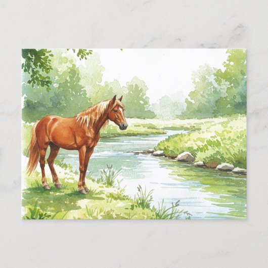 Horse River Peaceful Watercolor Nature Postcard シーズンポストカード (正面)