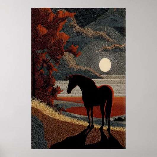 Horse Silhouette Art Print - Simple Moonlit ポスター (正面)