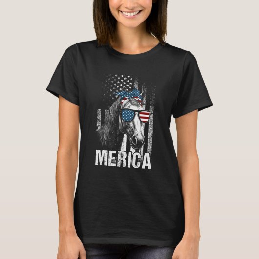 Horse Sunglasses Animal American Flag Patriotic Tシャツ (正面)