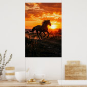 Horse Sunset Poster | Running Black Horse Wall Art ポスター (キッチン)