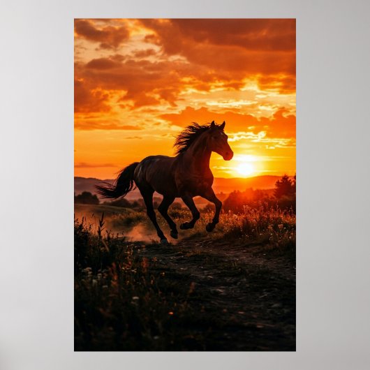 Horse Sunset Poster | Running Black Horse Wall Art ポスター (正面)