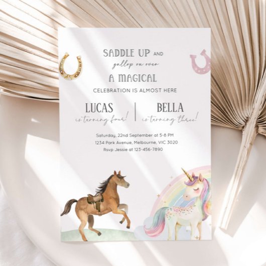Horse & Unicorn Joint Birthday Party 招待状