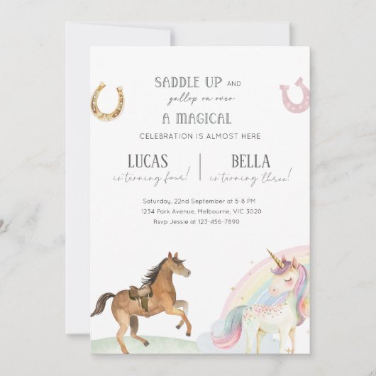 Horse & Unicorn Joint Birthday Party 招待状 (正面)