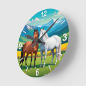 Horse Wall Clock – White and Brown Horses Nature H ラウンド壁時計 (傾斜)