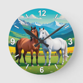 Horse Wall Clock – White and Brown Horses Nature H ラウンド壁時計