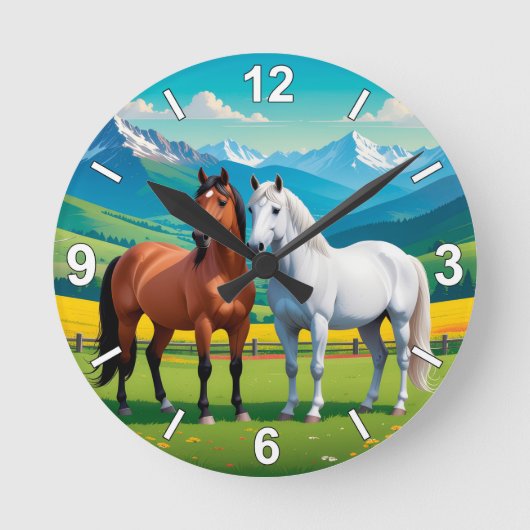 Horse Wall Clock – White and Brown Horses Nature H ラウンド壁時計 (正面)