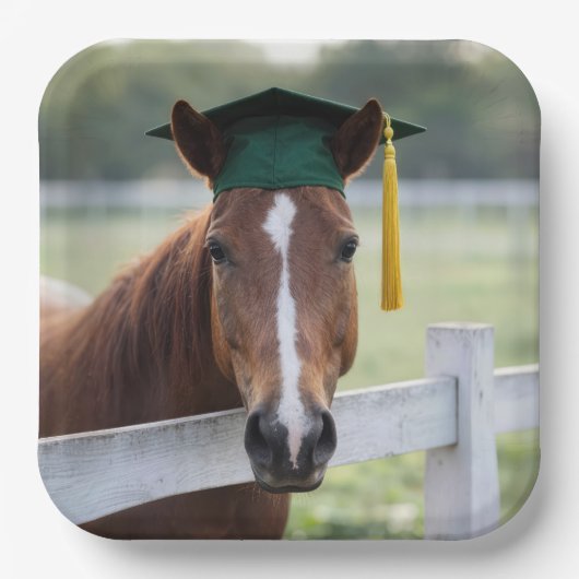 Horse Wearing a Green Graduation Cap ペーパープレート (正面)