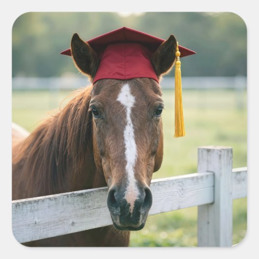 Horse Wearing a Red Graduation Cap スクエアシール (正面)