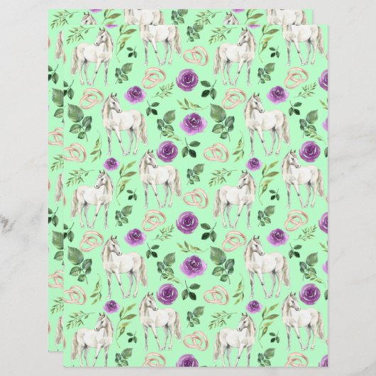 Horse Wedding Scrapbook Paper in Green (正面/裏面)