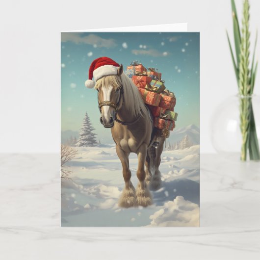 Horse with Christmas presents in the snow カード (正面)