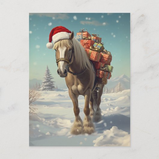 Horse with Christmas presents in the snow ポストカード (正面)