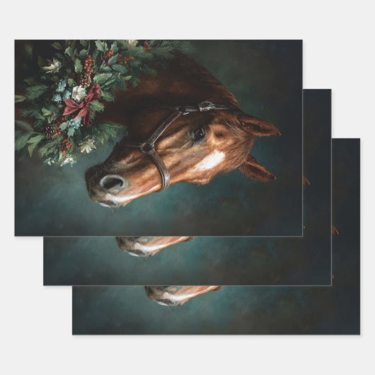 Horse with Holiday Wreath and Red Ribbon ラッピングペーパーシート (セット)