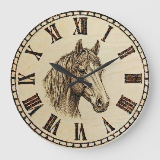 Horse Wood Burned Wall Clock ラージ壁時計 (正面)