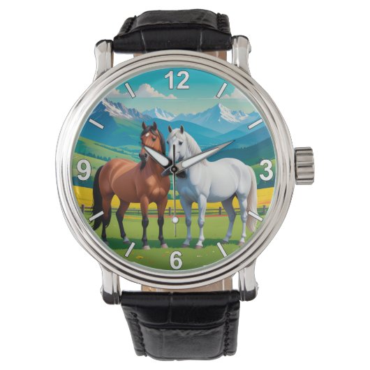 Horse Wrist Watch – White and Brown Horses Elegant 腕時計 (正面)