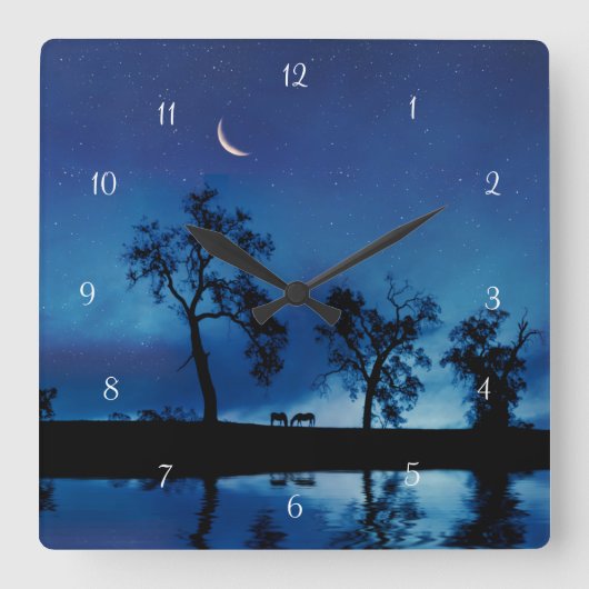 Horses and Moon Stars Fantasy Beautiful スクエア壁時計 (正面)