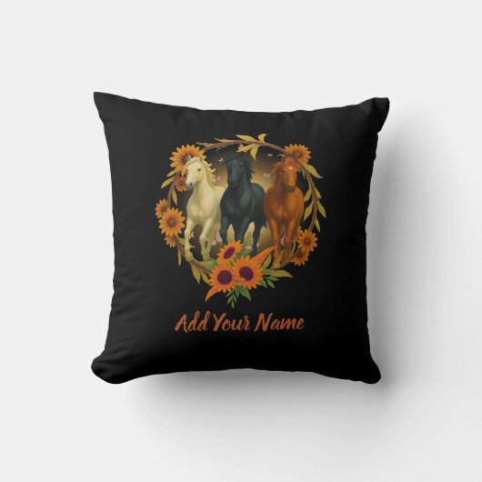Horses and Sunflowers Throw Pillow クッション (正面)