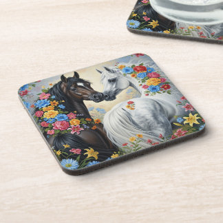  Horses framed in flowers Coaster コースター