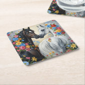  Horses framed in flowers Coaster スクエアペーパーコースター (アングル)