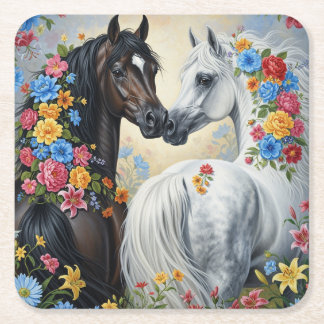  Horses framed in flowers Coaster スクエアペーパーコースター