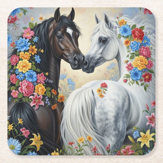  Horses framed in flowers Coaster スクエアペーパーコースター (正面)