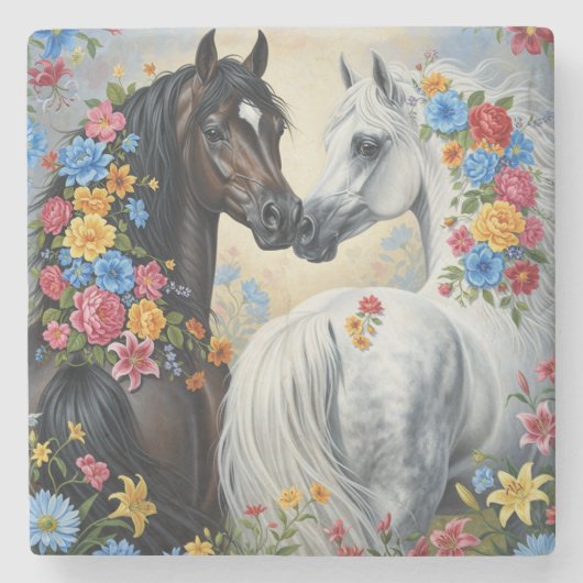  Horses framed in flowers Coaster ストーンコースター (正面)