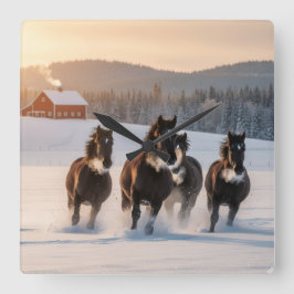 Horses galloping on a winter morning -  スクエア壁時計