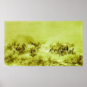 HORSES GRAZING Antique Olive Green ポスター