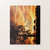 Horses Oak Tree and Fiery Sunset ジグソーパズル (縦)