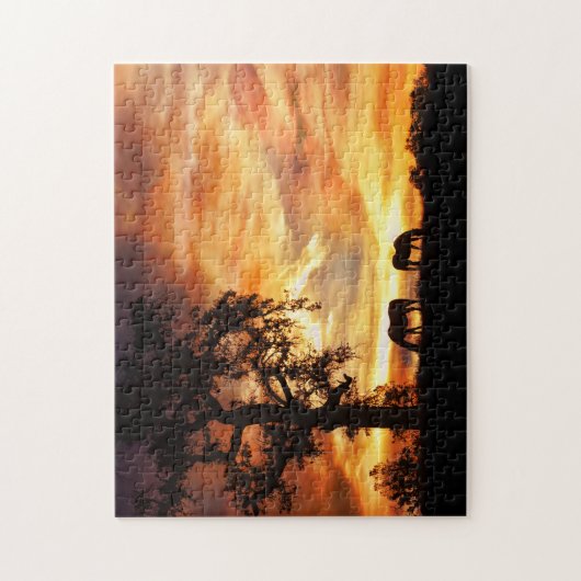 Horses Oak Tree and Fiery Sunset ジグソーパズル (縦)