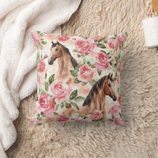 Horses Pretty Pink Roses Floral   クッション (ブランケット)