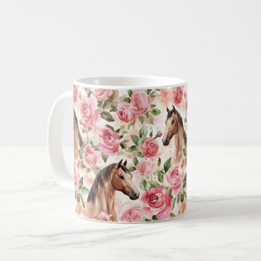 Horses Pretty Pink Roses Floral コーヒーマグカップ (正面左)