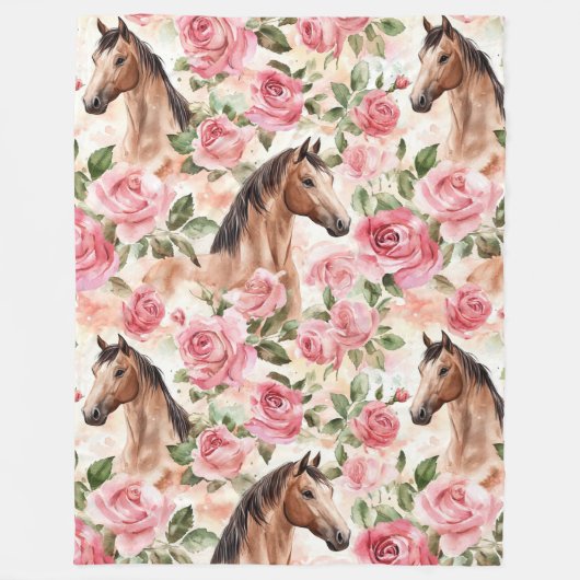Horses Pretty Pink Roses Floral   フリースブランケット (正面)