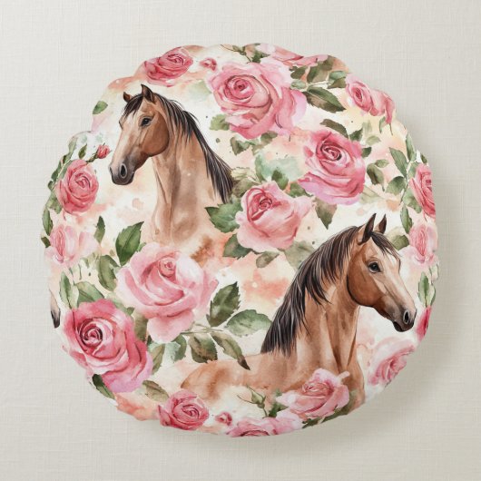 Horses Pretty Pink Roses Floral   ラウンドクッション (正面)