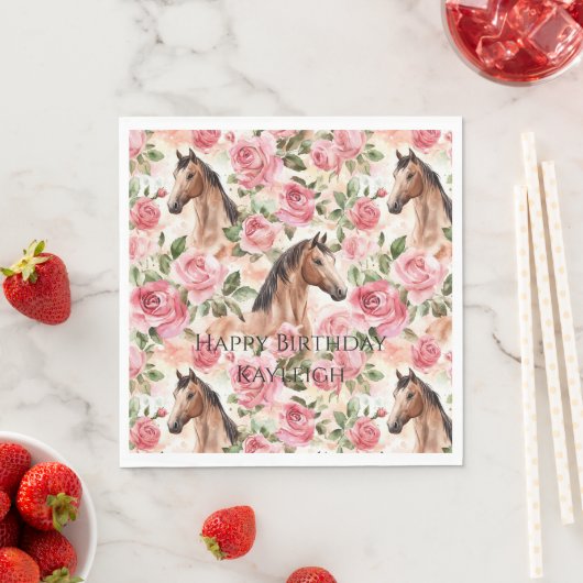 Horses Pretty Pink Roses Floral Birthday スタンダードランチョンナプキン (インサイチュ)
