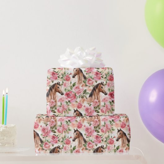 Horses Pretty Pink Roses Floral Birthday ラッピングペーパー (パーティーギフト)