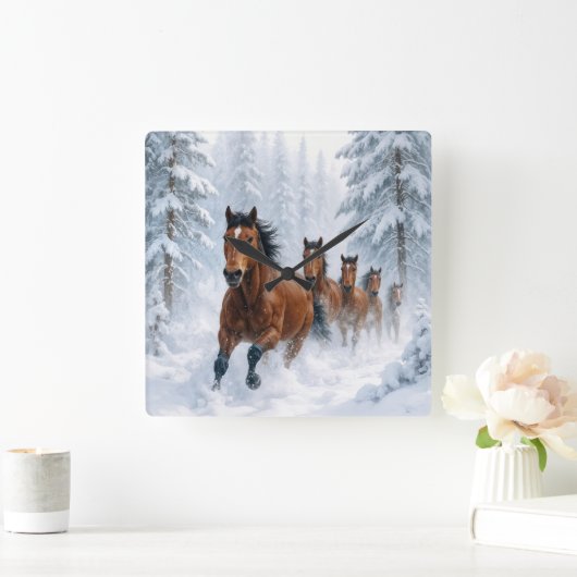 Horses Running Through a Snowy Forest スクエア壁時計 (ホーム)