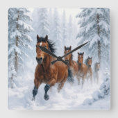 Horses Running Through a Snowy Forest スクエア壁時計 (正面)