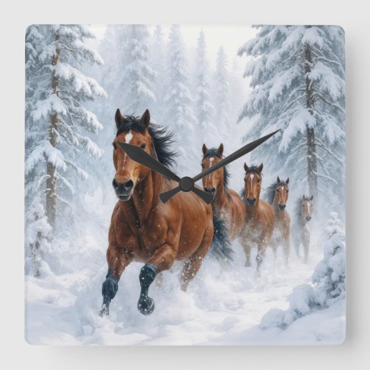 Horses Running Through a Snowy Forest スクエア壁時計 (正面)
