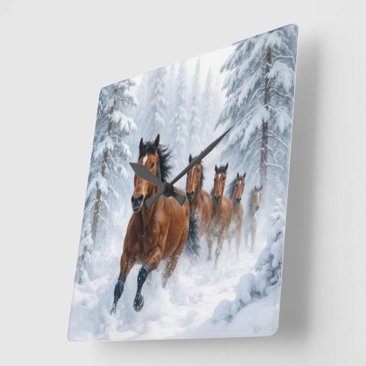 Horses Running Through a Snowy Forest スクエア壁時計 (傾斜)