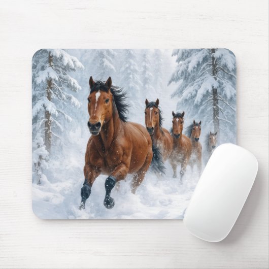 Horses Running Through a Snowy Forest マウスパッド (マウス)