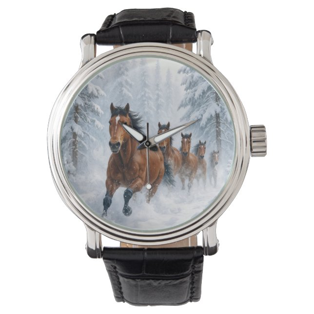 Horses Running Through a Snowy Forest 腕時計 (正面)