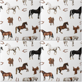 Horses Watercolor Horseshoe Horse Saddles タイル
