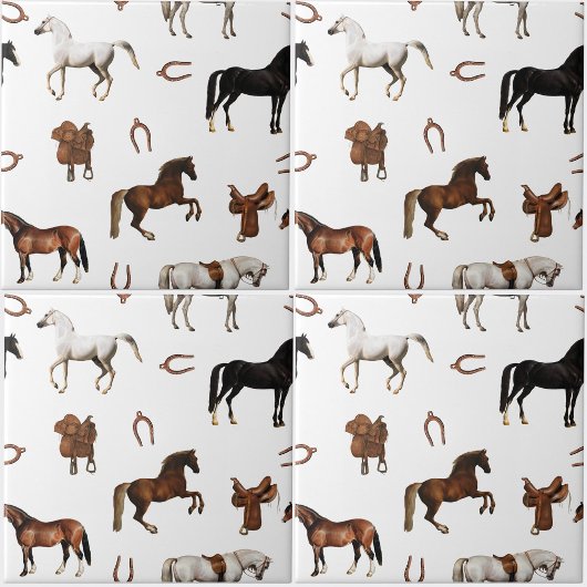 Horses Watercolor Horseshoe Horse Saddles タイル