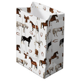 Horses Watercolor Horseshoe Horse Saddles ミディアムペーパーバッグ