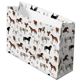 Horses Watercolor Horseshoe Horse Saddles ラージペーパーバッグ