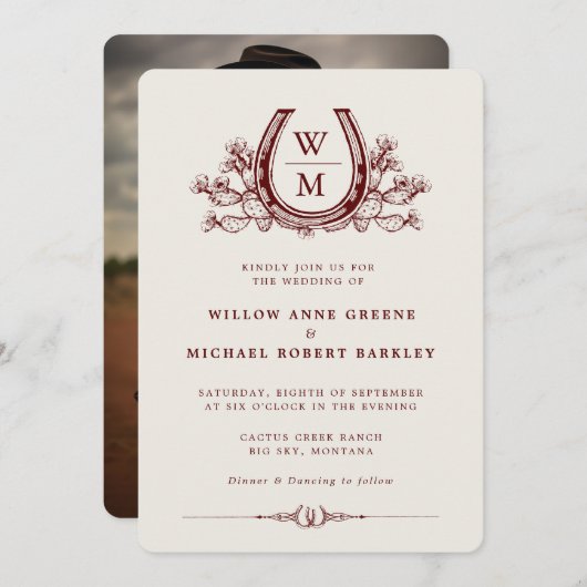 Horseshoe Cactus Western Country Boho Wedding 招待状 (正面/裏面)