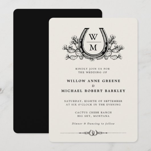 Horseshoe Cactus Western Country Boho Wedding 招待状 (正面/裏面)