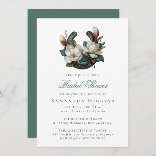 Horseshoe Magnolia Elegant Wedding Bridal Shower 招待状 (正面/裏面)