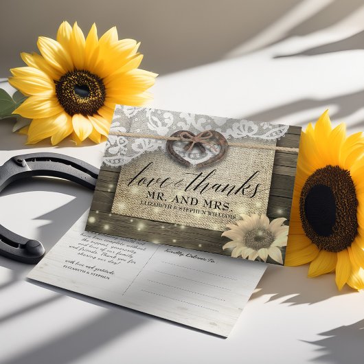 Horseshoe Sunflower Country Wood 結婚's Thank You ポストカード